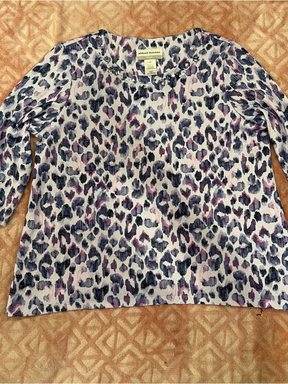 Alfred Dunner Purple & Gray Leopard Print Top with Embellished Neckline petite m